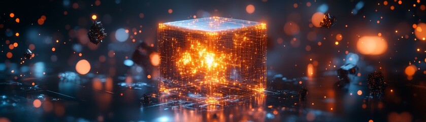 Fototapeta premium Explore the stunning visuals of a glowing cube in a dynamic digital environment
