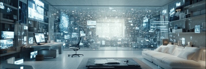 Fototapeta premium A modern, tech-driven workspace with digital displays and a sleek design.
