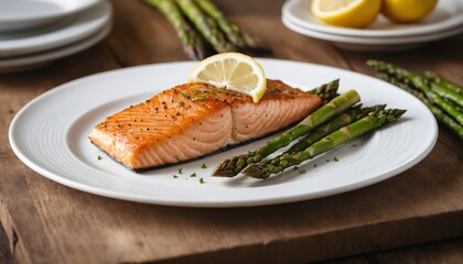 Grilled Salmon Fillet with Lemon and Asparagus on White Plate