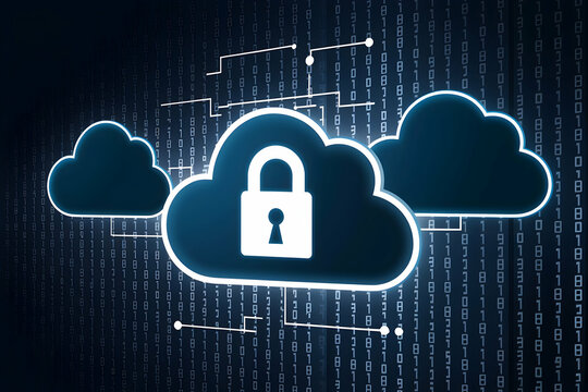 Cloud with padlock, binary code backdrop, emphasizing cloud computing and data security