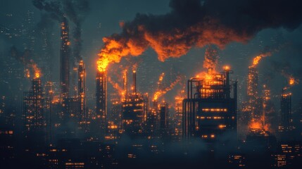 Fototapeta premium Destructive industry fires illuminate urban landscape at night highlighting the impact of pollution