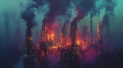 Obraz premium Explore the haunting beauty of a futuristic cityscape engulfed in smoke and fire