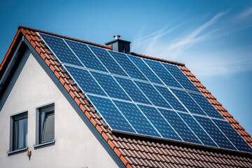 Fototapeta premium close-up of house with solar panels on the gable roof