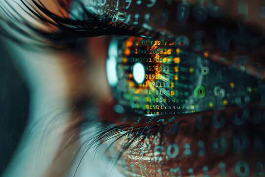 close-up of computer programming code reflecting on iris eyes