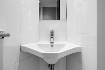 Fototapeta premium White sink and chrome faucet in tiled bathroom.