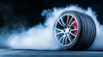 Tire is shown with smoke coming out of it. The tire is on a wet road and is spinning