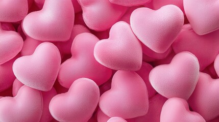 Obraz premium Bunch of pink hearts are piled on top of each other. The hearts are made of a soft, fuzzy material and are arranged in a way that they look like they are hugging each other. Concept of warmth, love