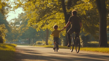 Obraz premium A man and a child are riding a bike together