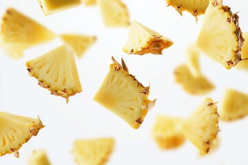 Naklejka premium Fresh pineapple slices floating against a clean white background for culinary use