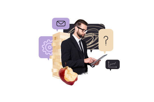 Composite trend artwork sketch image photo collage of businessman multitasking young guy stand work tablet organization apple eat message