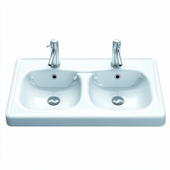 Fototapeta premium White double sink with chrome faucets.