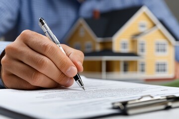 A businessman signs a real estate contract, finalizing important details of a property purchase agreement in a professional setting. Trust and commitment in a real estate transaction with an agent.