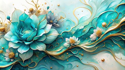 Abstract Floral Design with Teal and Gold Tones - A Lush Paradise