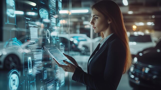 Professional female recruiter analyzing digital resumes on transparent screens, modern car showroom background, soft corporate lighting, business attire