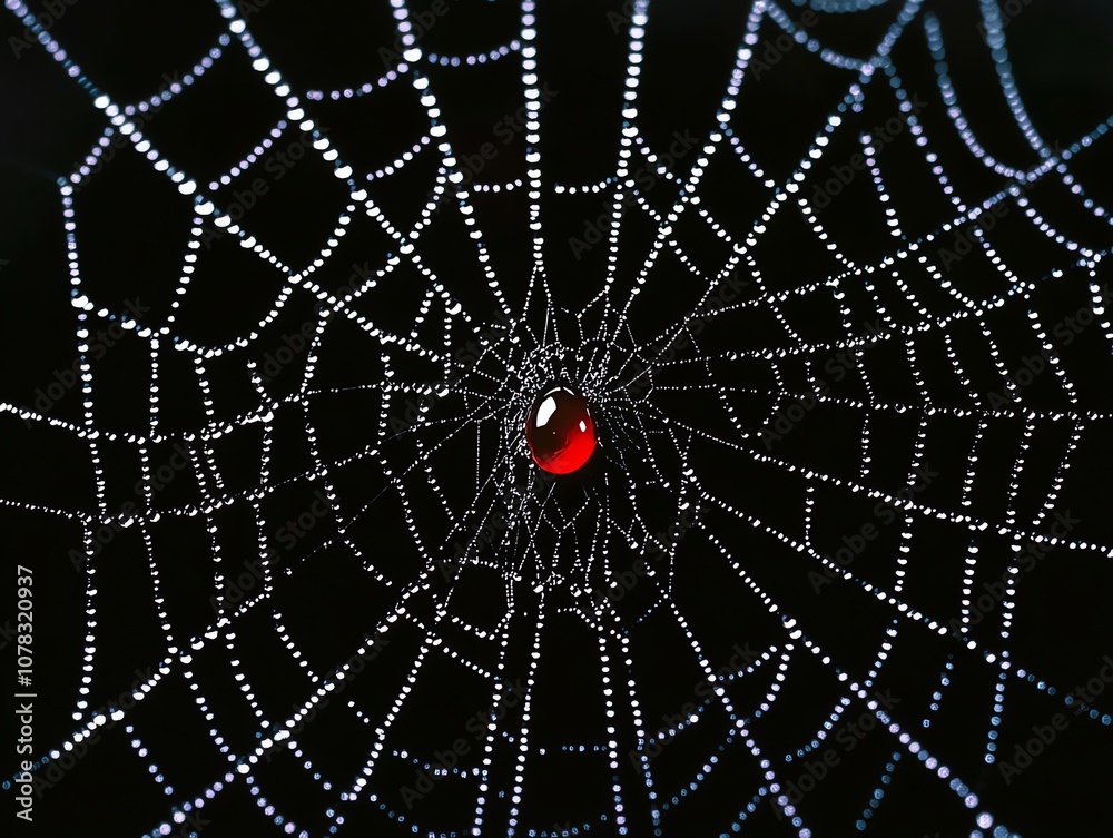 Aufkleber A close-up of a spider web with dew drops, a red bead is in the center of the web.