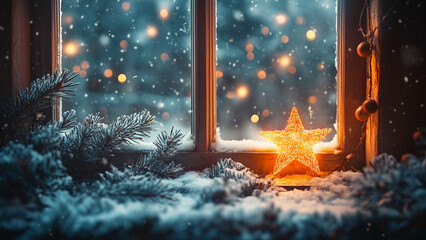 Cozy winter scene with a glowing star decoration beside a snow-covered window in a festive setting at night