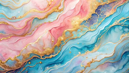Abstract Liquid Art Swirling Blue, Pink, and Gold with Glittering Details