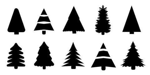 Fototapeta premium Christmas tree black silhouette set. Vector decorative shapes.