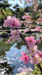 Obraz premium A close-up of delicate pink cherry blossoms blooming on a branch with a pond in the background, showcasing the beauty of nature.