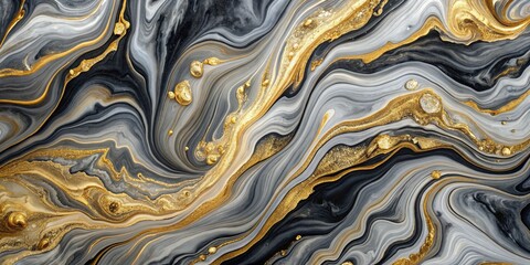 Abstract Swirling Black, Gold, and Grey Liquid Art with Glittering Texture