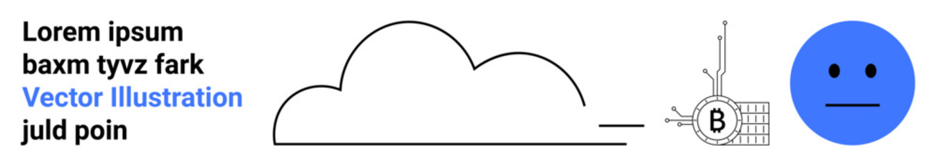 Blue face, cloud outline, Bitcoin chip, and text elements in a vector format. Ideal for technology, finance, cryptocurrency, cloud computing, emotions, digital art, and graphic design. Landing page