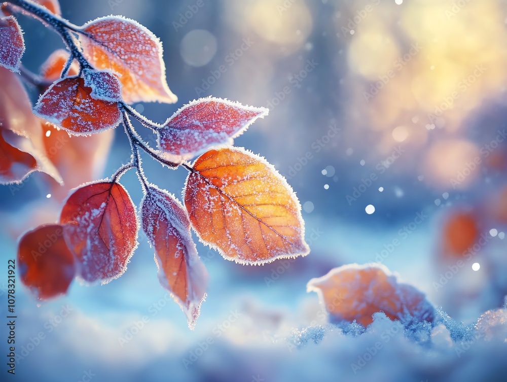 Poster a close-up of frost-covered leaves on a branch, with a soft, blurred background of a snowy forest an