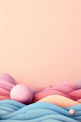 Fototapeta premium Abstract pastel waves and spheres create a surreal dreamy landscape in soft hues.