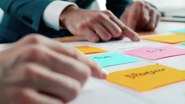 4K Footage of Agile Scrum Planning with Close-Up of Hands Pointing at Sticky Notes for Task Organization