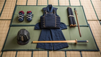 Flat lay of kendo gear arranged on tatami mat