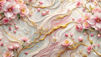 Golden Branches and Delicate Blossoms on Marble Swirls A 3D Floral Design