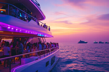 People enjoying a sunset party on a yacht with purple neon lights reflecting on the water creating a lively and luxurious atmosphere
