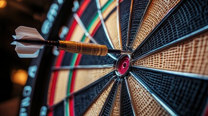 A close-up of a dartboard with a single dart hitting the bullseye, symbolizing accuracy and precision. Bright, vibrant colors.