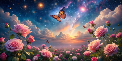 Roses Blooming Under a Starry Sky with a Butterfly Flying Through Clouds