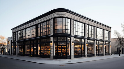 Street view of a corner building featuring large windows and classic architectural design with illuminated interior visible from outside at dusk.