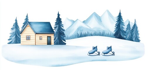 Fototapeta premium A serene winter landscape featuring a cozy cabin, snow-covered ground, evergreen trees, and distant mountains under a blue sky.