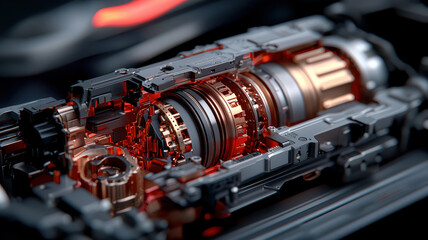 High detail cross section of gearbox showcasing intricate mechanics and vibrant colors. design highlights complexity and precision of automotive engineering