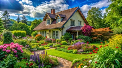 Obraz premium A Brick Path Winding Through a Lush Garden with a Cottage in the Background