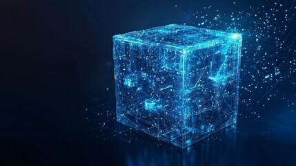Complex network of interconnected nodes forming a luminous cube, symbolizing global communication and data exchange in the digital age