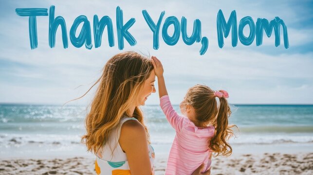 A mother and daughter savor a joyful day on the beach with bright skies and waves around them - Powered by Adobe