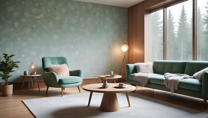 Scandinavian living room interior design zoom background,Doodle Galaxy patterned wallpaper graphics