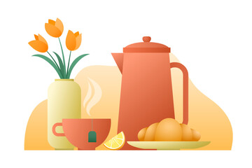 Morning breakfast concept. Croissant pastry with tea, coffee. Sweet bake dessert design and vase with flowers. Gradient vector isolated illustration