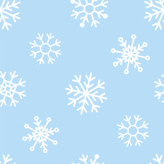 Snowflakes seamless pattern. Snow falling. White snowflakes on blue background. Vector illustration