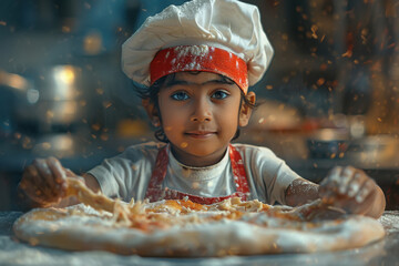cute Indian boy wear apron and chef hat making the dough for pizza