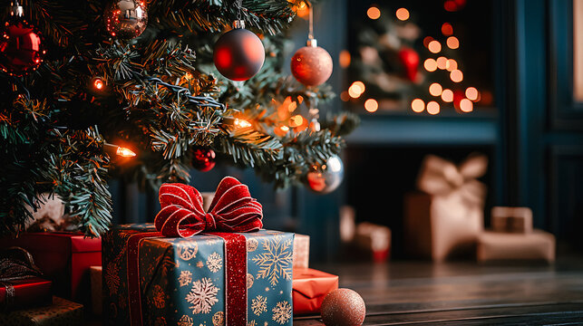 Cadeaux avec ruban au pied du sapin d&eacute;cor&eacute; le soir de No&euml;l