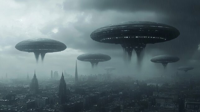 Several alien motherships are invading and hovering over london during a cloudy and rainy day, creating a dramatic and futuristic scene