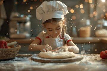 Cute indian little girl wear apron and chef hat making the dough for pizza