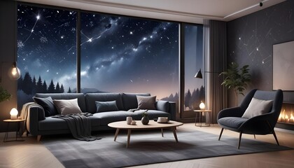 Scandinavian living room interior design zoom background,Doodle Galaxy patterned wallpaper graphics