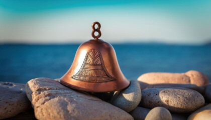 A decorative copper bell with engraved geometric patterns sits atop beach stones against a blue ocean backdrop.