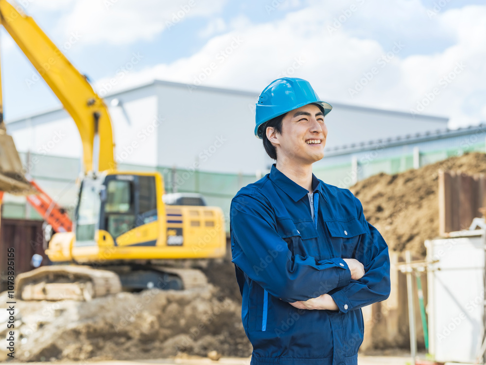 Leinwandbilder 作業員、工事、建設、現場、笑顔、ポジティブ、嬉しい、喜ぶ、仕事、転職、元気、考える、期待、楽しみ、楽しい、やりがい、成長、開発、産廃、産業廃棄物、処理場、管理、就職、アルバイト、労働者、ヘルメット、安全、資格、コピースペース、重機、建機、機械、残土、賃上げ、給料、リサイクル、青空、経営、将来、やる気、解決、問題、課題、ソリューション、合格、自信、腕組み、チャレンジ、挑戦、人物