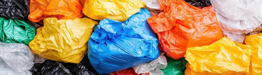 Fototapeta premium A vibrant collection of crumpled plastic bags in various colors, showcasing the environmental challenge of plastic waste.